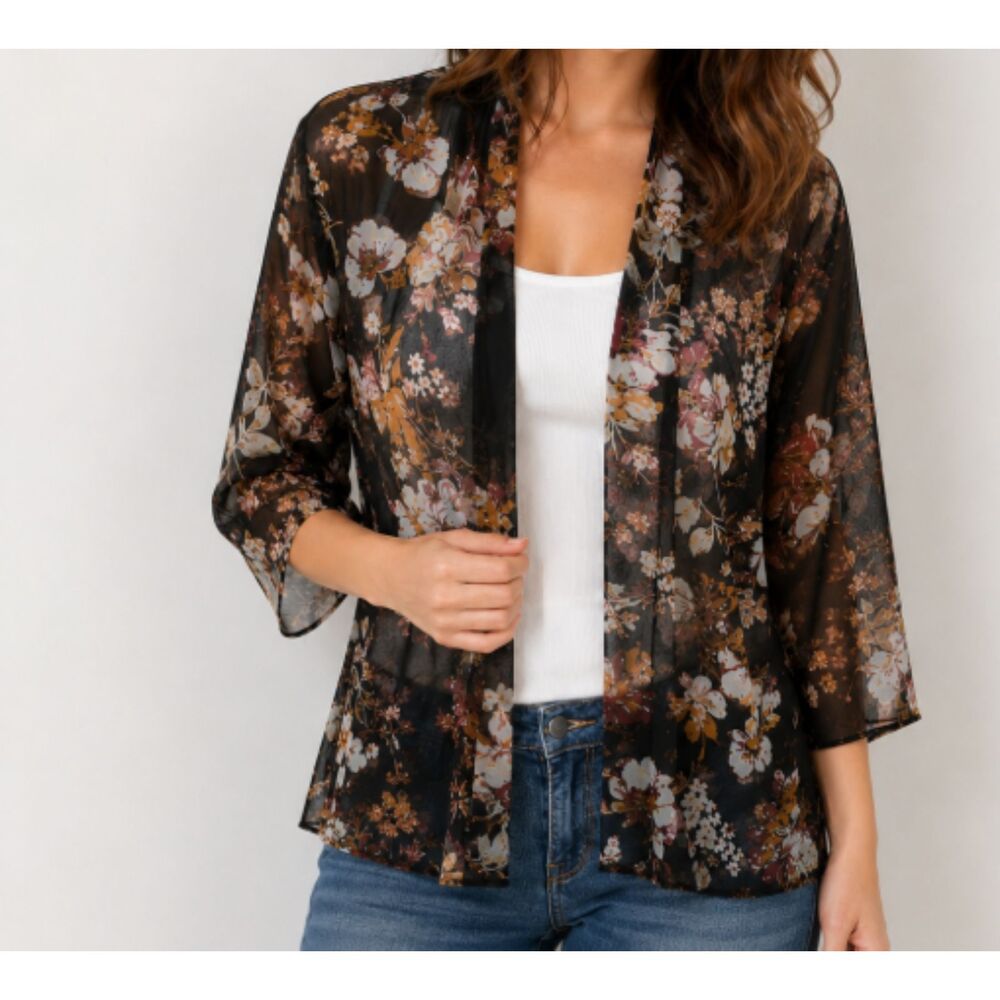 Xhilaration Medium Sheer Floral Kimono Cardigan Black Boho Lightweight